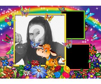 photo frame 3 photos with rainbow background flowers and happy cows