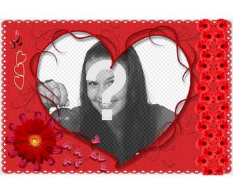 postcard with red flowers and big heart for valentine