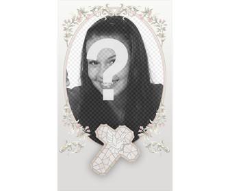 remembrance first communion card with photo and text it consists of floral frame oval cross and soft colors where to put picture and the words of ur choice