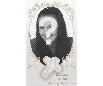 template communion memory card with photograph framing picture in this oval frame of pink shades with floral motifs