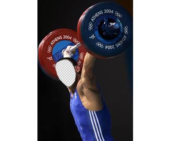 photomontage to put face to weight lifter in blue dress which is engaged in weightlifting during the olympics in athens to show off effortlessly lifting over 100 kg