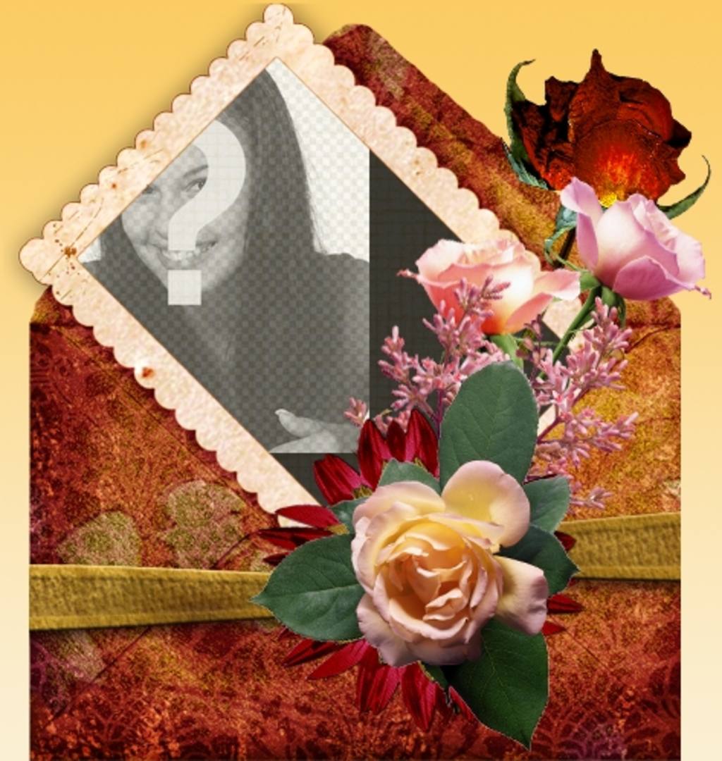 Photo frame with orange background and decorated with roses ..