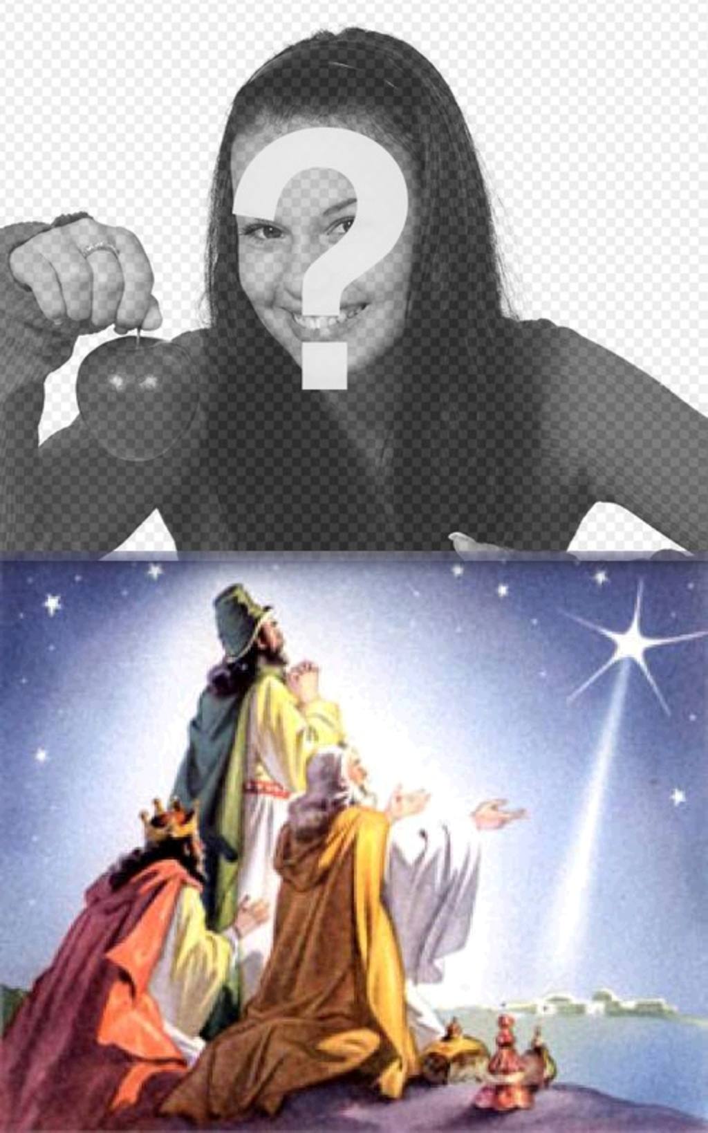 Christmas Card of the three wise men from the East with their offerings coming to Bethlehem, following the star that marked the child Jesús.Podemos put a picture of our choice. Congratulates the holidays with..