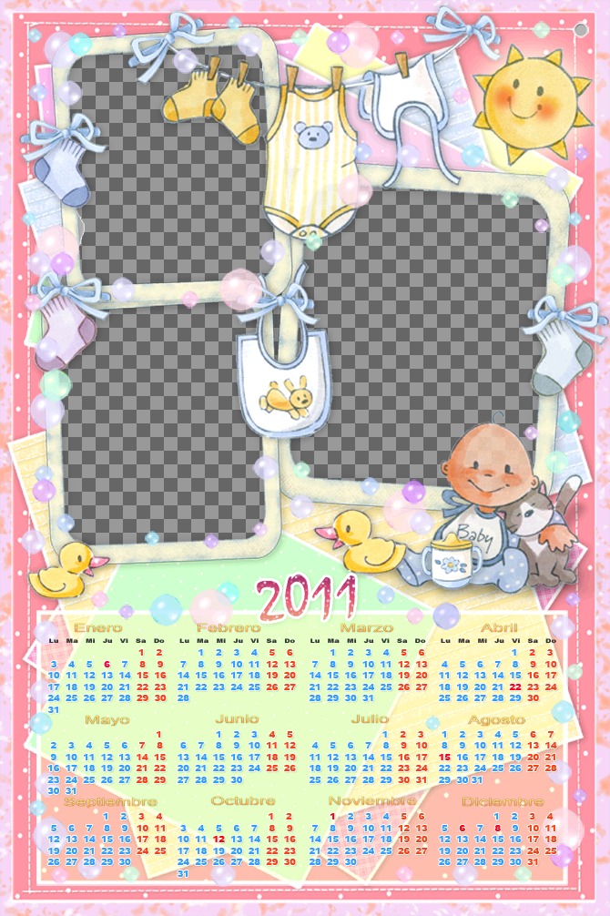 Customizable calendar with 3 photos of 2011. Especially for baby girl, by the predominantly pink. See a baby blue dress and children's clothes hung between soap bubbles and a smiling..