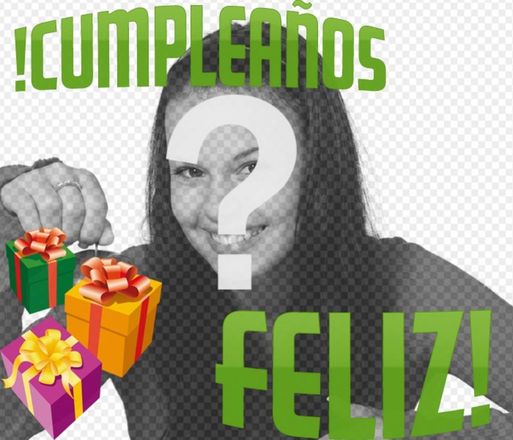 Make a birthday greeting card with your picture with this photomontage. Your photo will be accompanied by 3 gifts of colors and a happy birthday..