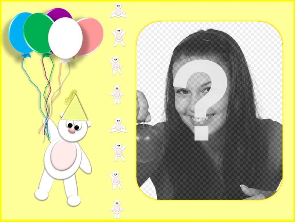 Yellow birthday card personalized with your photo with a teddy bear and..