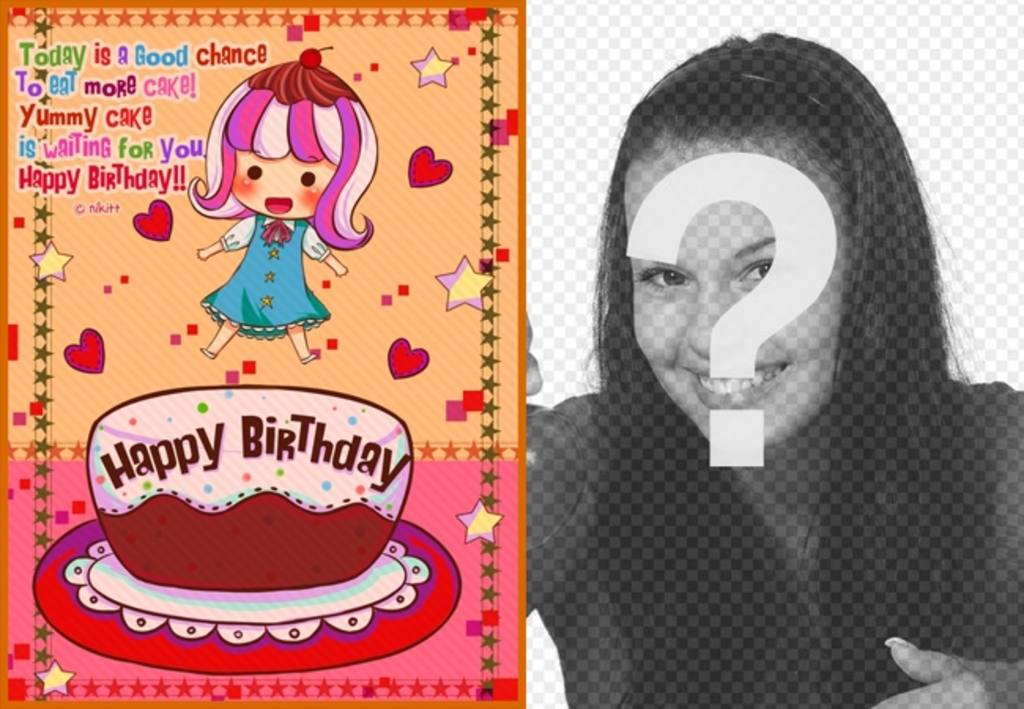 Birthday Card for children. With a picture of a girl with a cake, hearts and..