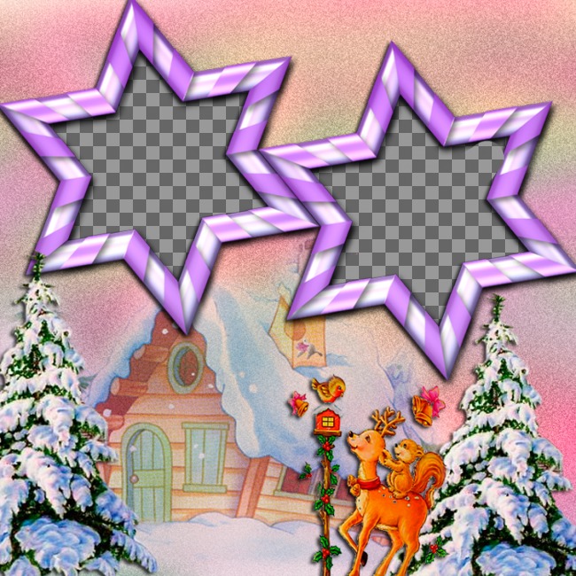 Phptp frame of 2 photos, star-shaped frame ans winter background..
