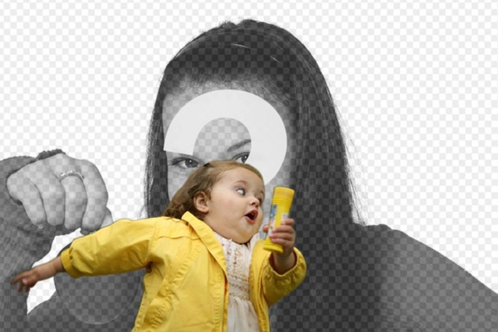 Photomontage with the bubble girl in the yellow raincoat and the fashionable meme where you place your photo and..