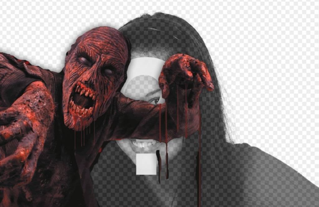 Photomontage to put a red bloody zombie in a photo and add text..