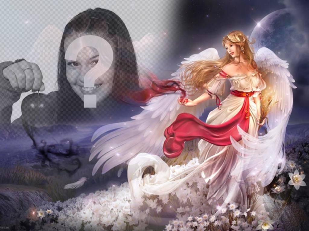 Create a collage online with an winged woman angel in a fantasy world surrounded by..