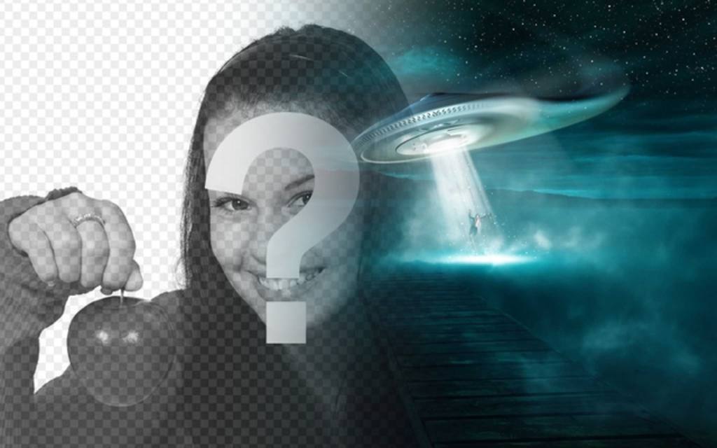 Create a photomontage with an alien abduction in the background, where a UFO takes a person at night on a..