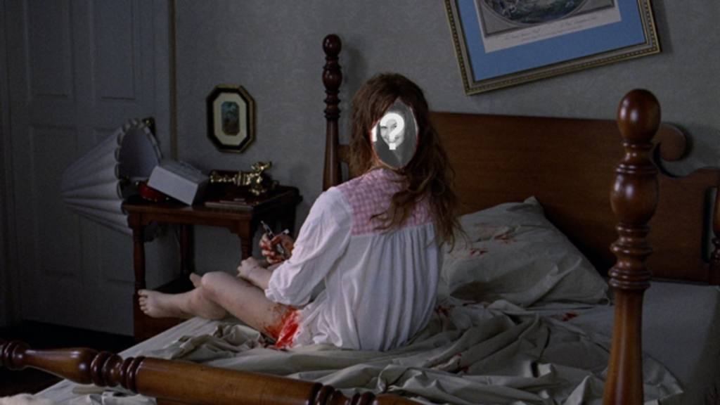 Photomontage to be the exorcist´s girl in a scene from the horror film in which she turns completely her head over her..