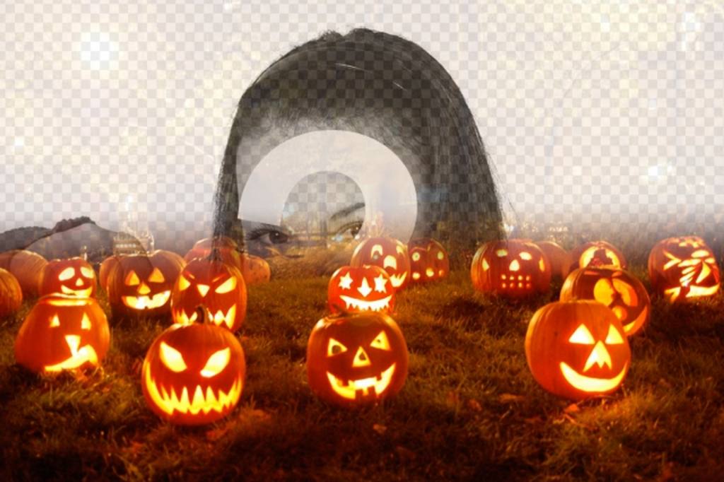 Halloween Collage to superimpose a photograph you upload to one of a bright orange pumpkins on a dark..