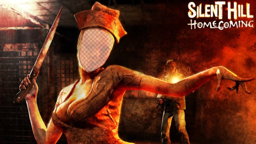 Create a photo montage with the terrifying zombie nurse of Silent Hill ..