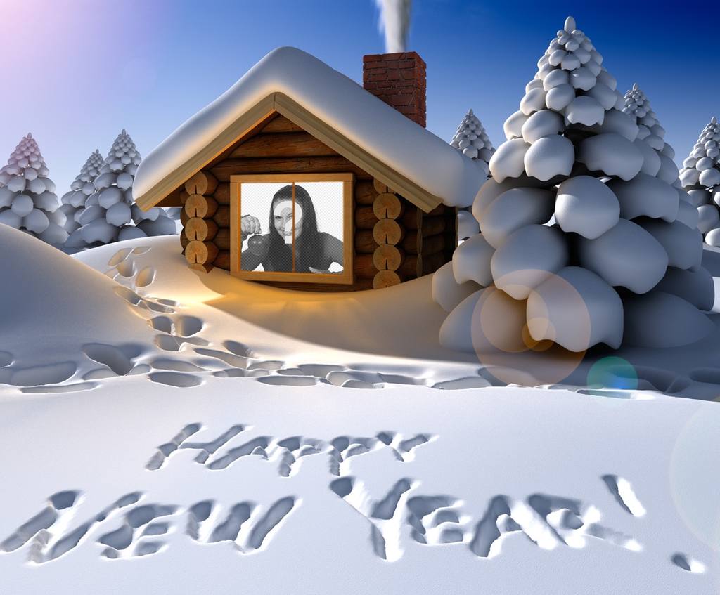 Original new year greeting card written on snow with your photo inside a snow house. ..