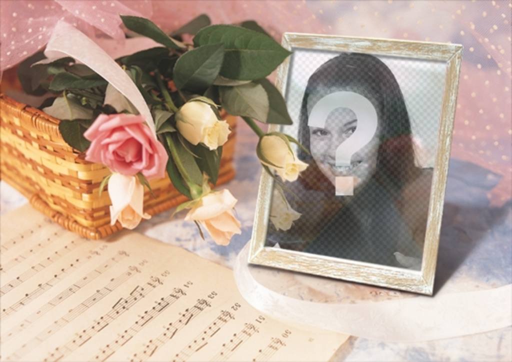 Photoframe online where you can put your picture in a picture frame with a basket of roses and a music..