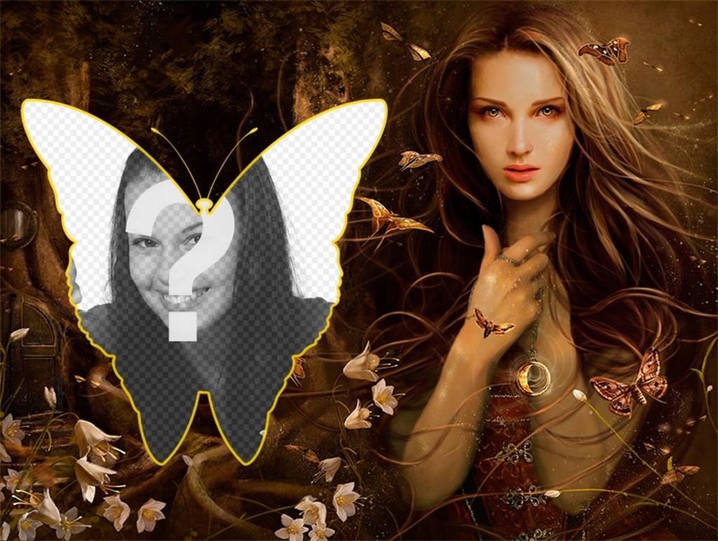 Romantic collage full of butterflies and flower bells, with a forest girl. ..