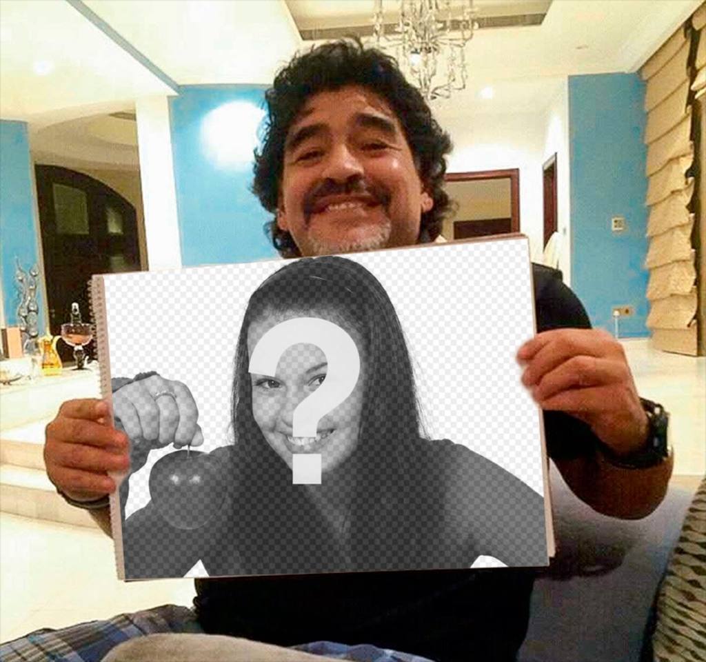 Photomontage with Maradona clutching your photo with your photo and text. ..