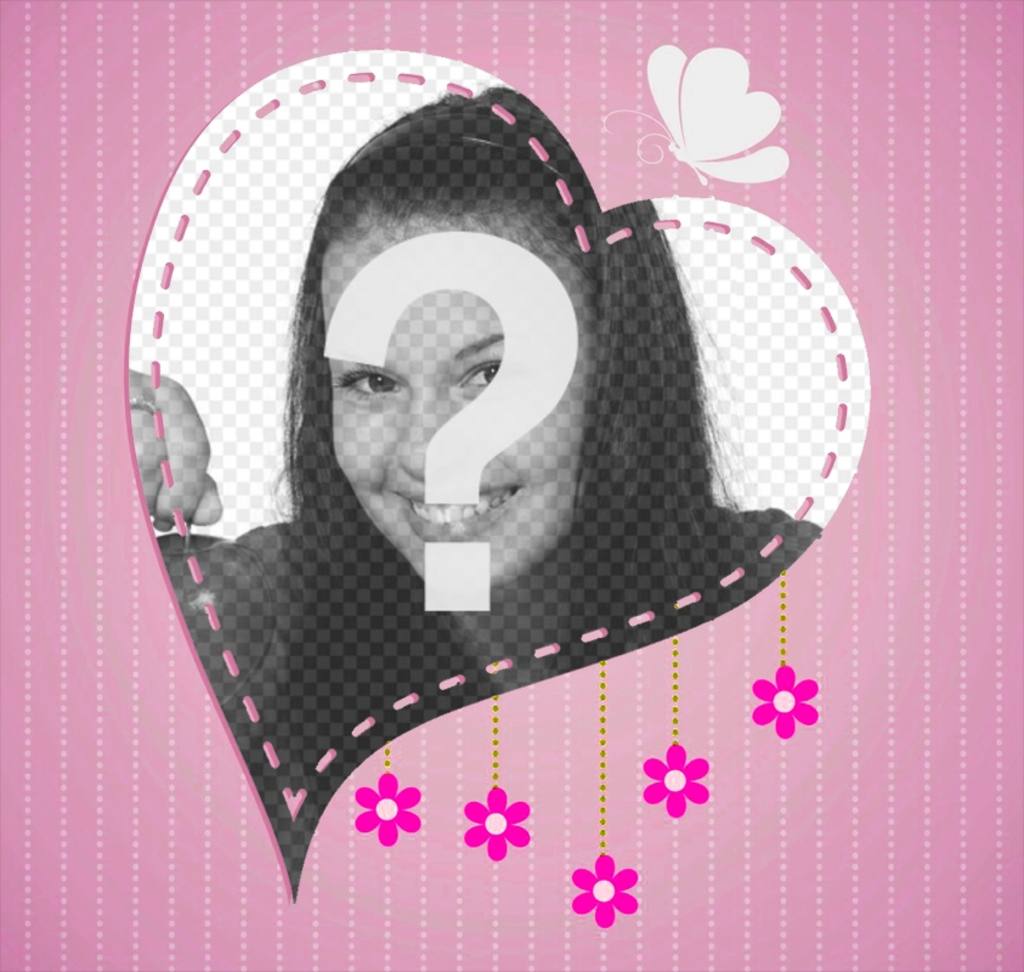 Heart shaped frame on pink background with dotted lines, butterfly and flowers. ..