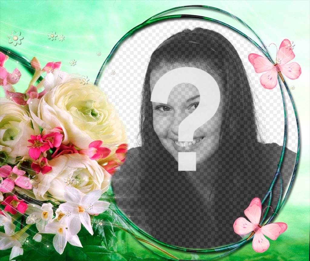 Composition with flowers and butterflies on a background of spring breeze to put your photo in a circular frame. ..