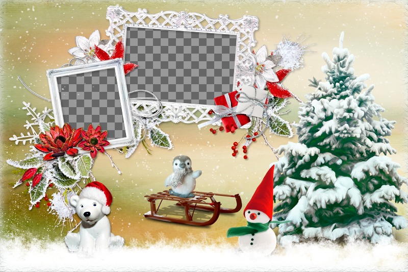 Christmas Collage with two photo next to a tree and various animals. ..