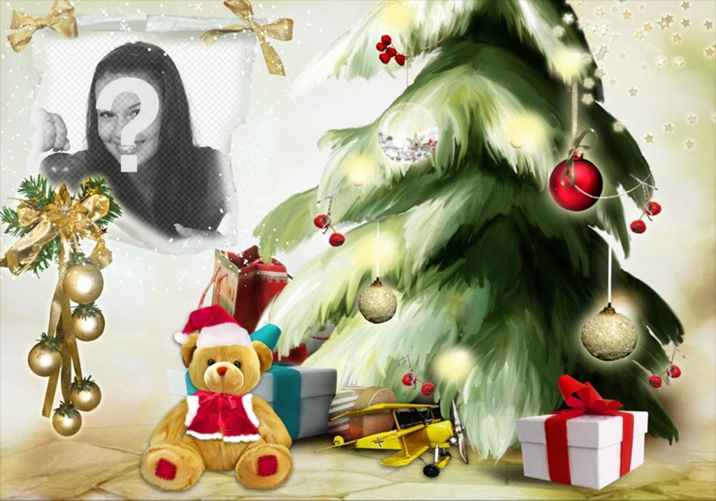 Christmas photomontage with a Christmas tree and bear. ..