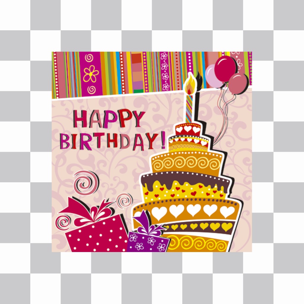 Sticker to congratulate a birthday with the image of a cake at a party that you can embed in your photos. With text HAPPY BIRTHDAY, a cake with a candle and ornaments drawn..