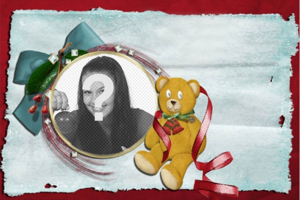 Christmas card with teddy bear and tie with round frame in which you can put your..