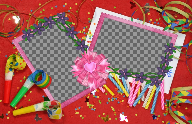 Frame for two pictures with motifs from birthday party, red background with candles, kill-in-law and streamers and..
