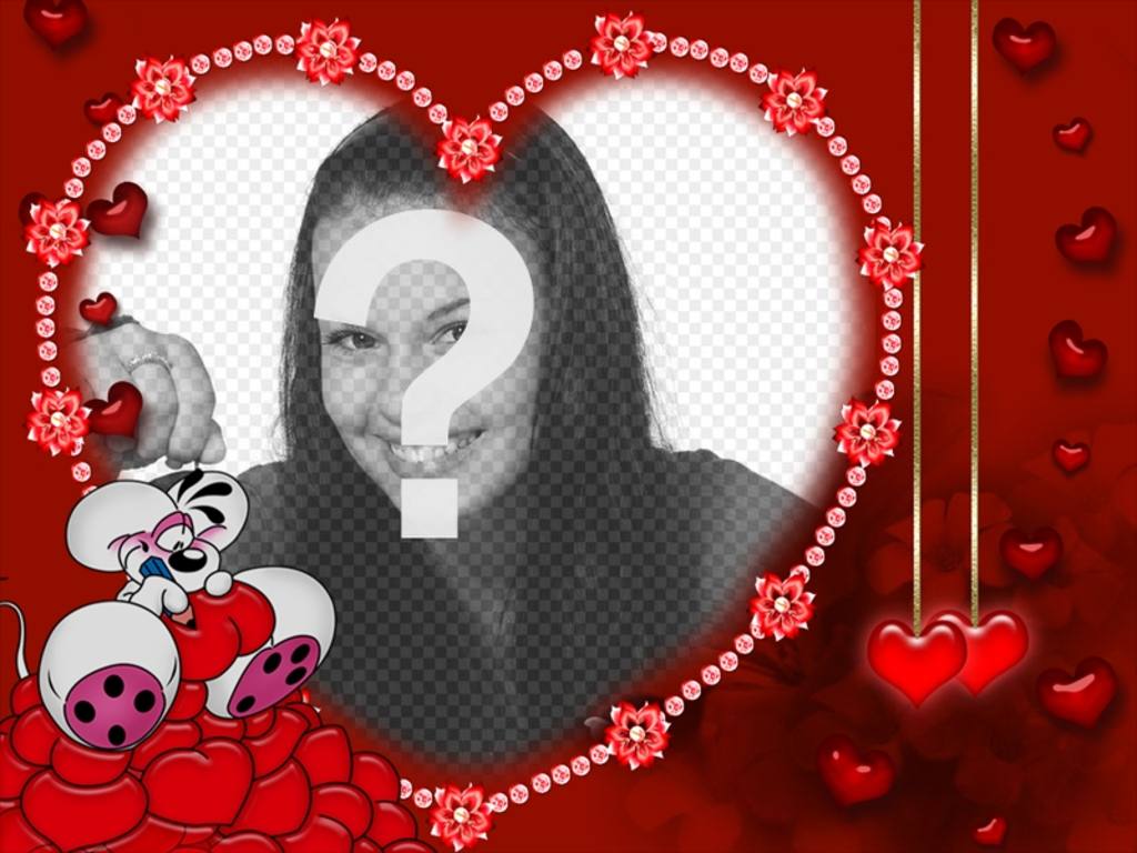 Mouse in love for Valentine's day card with your photo with heart-shaped..