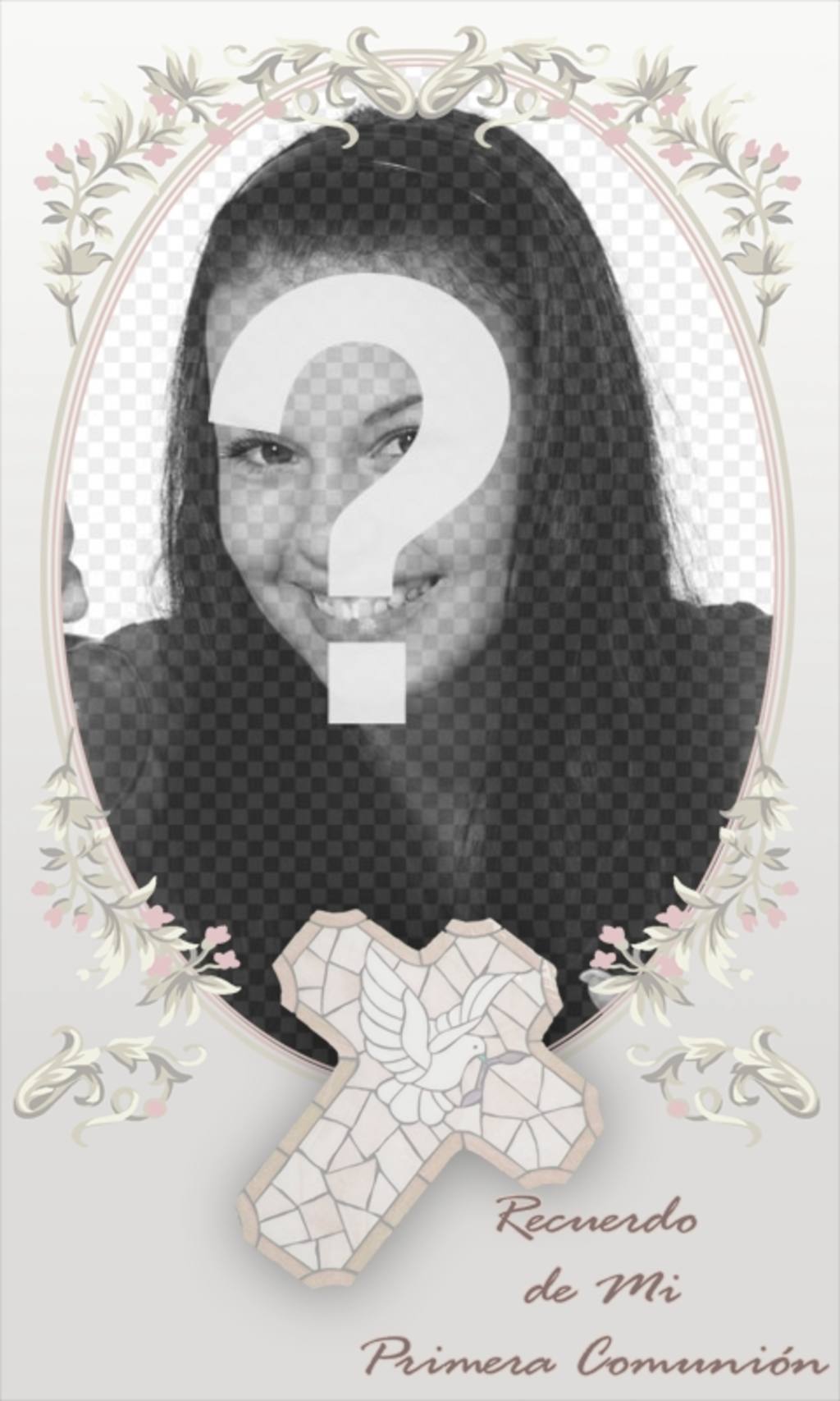 Template Communion memory card with a photograph. Framing a picture in this oval frame of pink shades with floral..