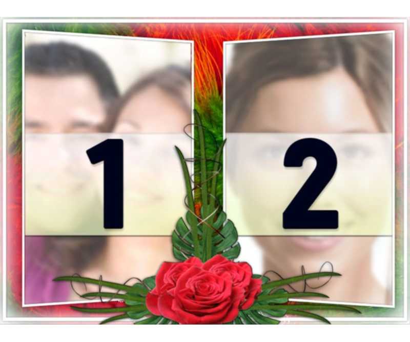 Elegant photo montage with two photographs in a frame of green and red floral motifs. With roses in between. Ideal for a couple in love. As a reminder of important dates and Valentine's..