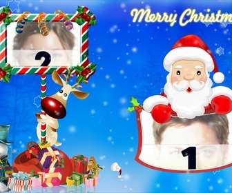 the emblematic rudolf and santa claus have two picture frames included in this post christmas greeting blue folding also appears goodie bag from santa claus and christmas themes and holidays