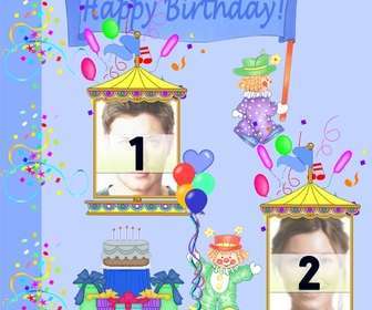 birthday greeting card personalized with 2 photos clowns and party decorations