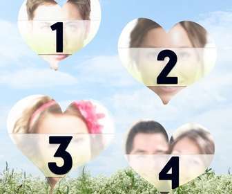 create collage of love with hearts with photos of ur choice on background with photo of landscape with blue sky and field of flowers