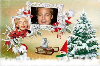 christmas collage with two photo next to tree and various animals