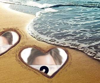 collage of love with two hearts marked on the sand at the beach