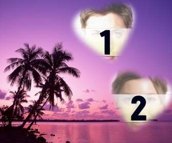 card where u can put two photos heart-shaped with an idyllic landscape of sea and palm trees in shades of lilac