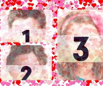 photo frame for 3 photos of love with little red hearts and roses on white background