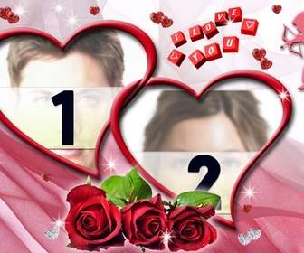 montage of two photos heart shaped with roses and pink background