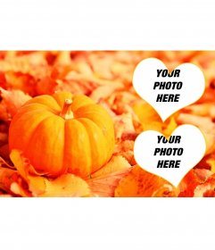 Collage for two photos with a pumpkin and falling leaves 