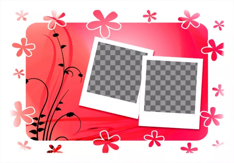 Frame for two pictures, red background with flowers, polaroid style. Use this template to decorate your pictures in digital format. Then the composition can download or send an..
