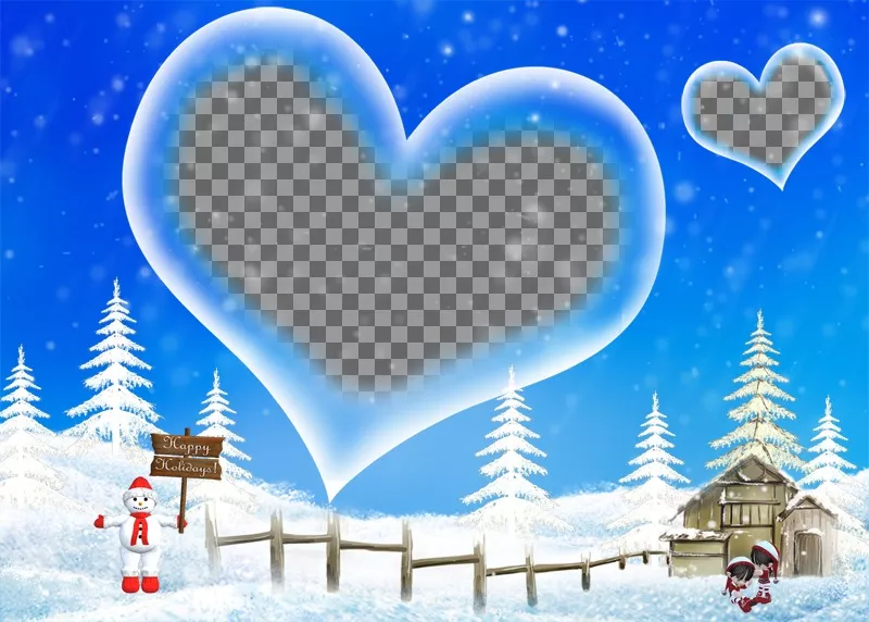 Postcard with blue background and snowy landscape we welcomed winter break, with a heart-shaped frame in which to insert your..