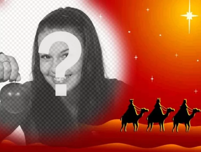 Christmas card in which your photo will appear in a circular frame with gradient effect on the edges, about a picture of warm colors representing the three wise men on camels..