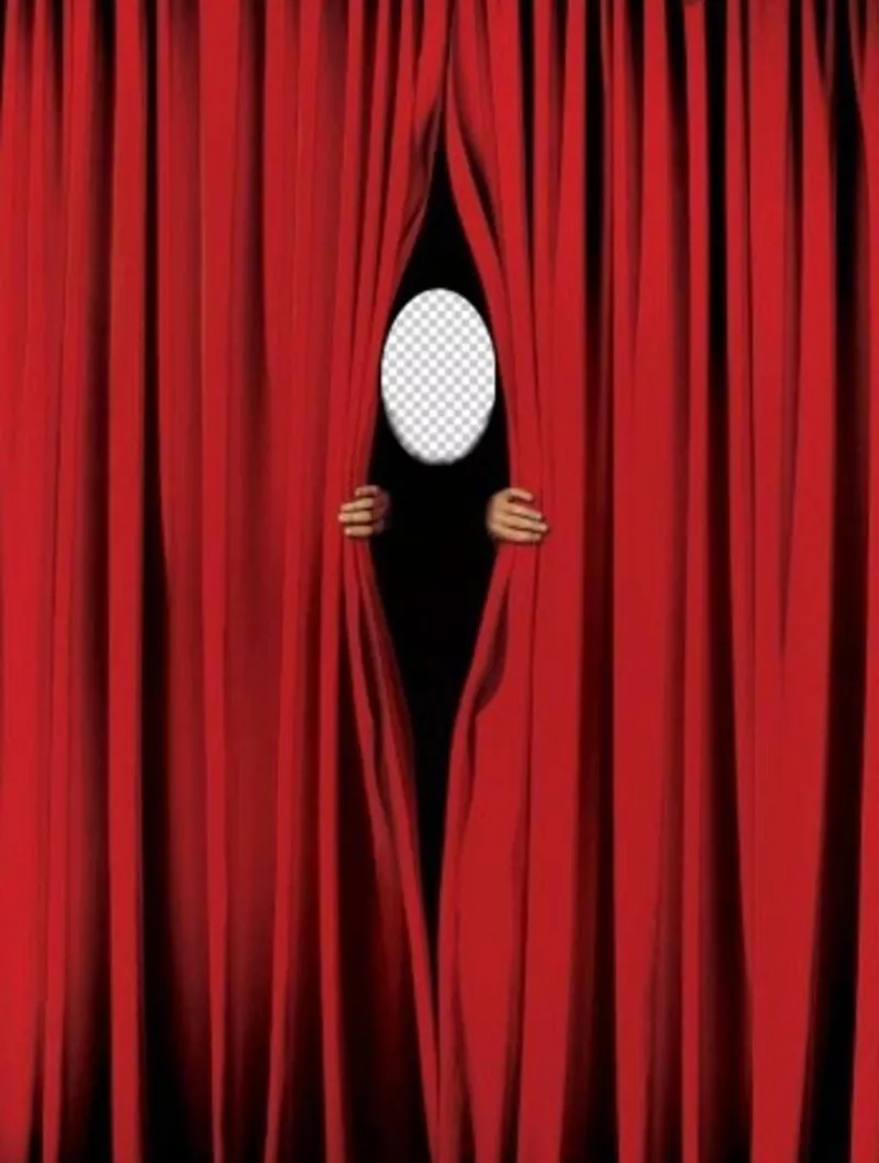 Photomontage to put your face and peek between a red curtain ..