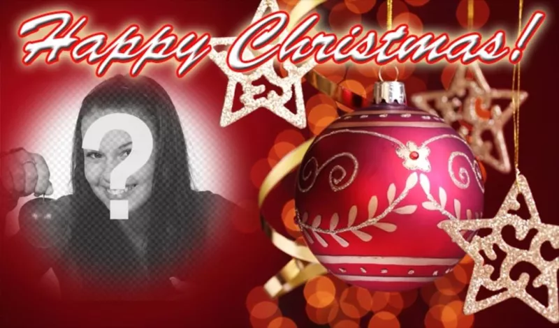 Post to congratulate Christmas with HAPPY CHRISTMAS text and red background with a Christmas ball. Put your photo at..