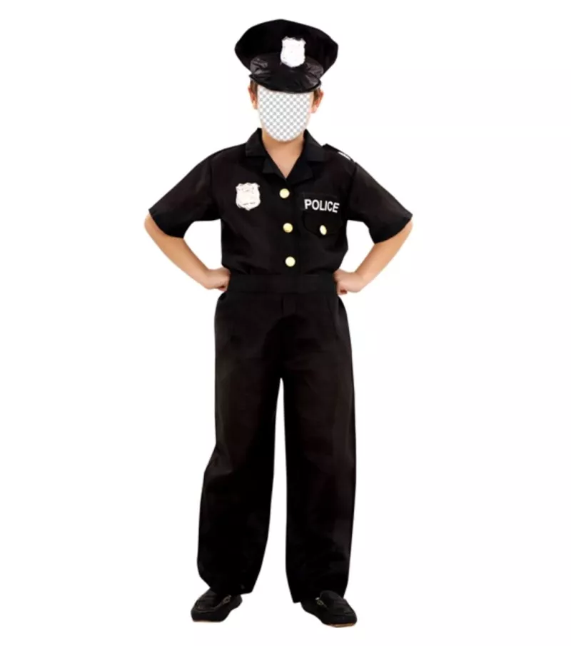 Create this photomontage of a child dressed as a police ..
