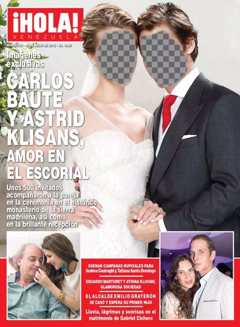 Photomontage in which you can appear on the the magazine "Hello" cover with your partner wearing wedding dresses with white wedding dress and wedding..