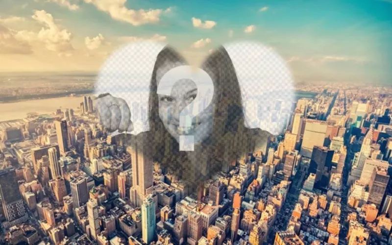 Collage with a photo of New York and your photo inside a heart. Create a photomontage with your photo in an aerial view of..
